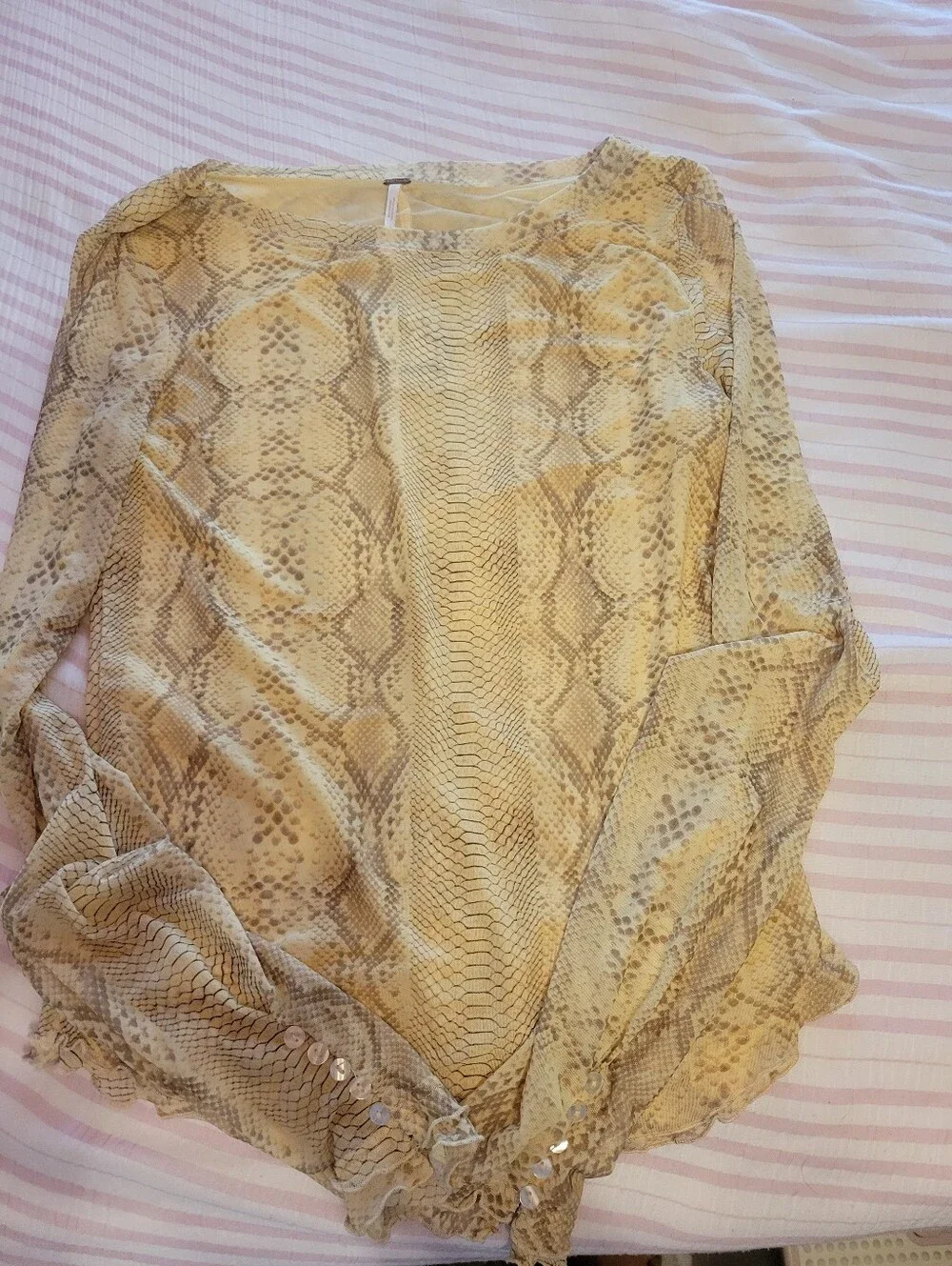 Free People Snake-Print Mesh Long Sleeve Blouse in Beige